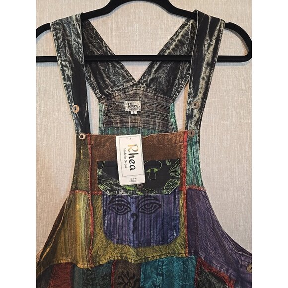 Rhea Patchwork Overalls 100% Cotton pockets adjustable shoulder strap Size L New - Picture 2 of 16